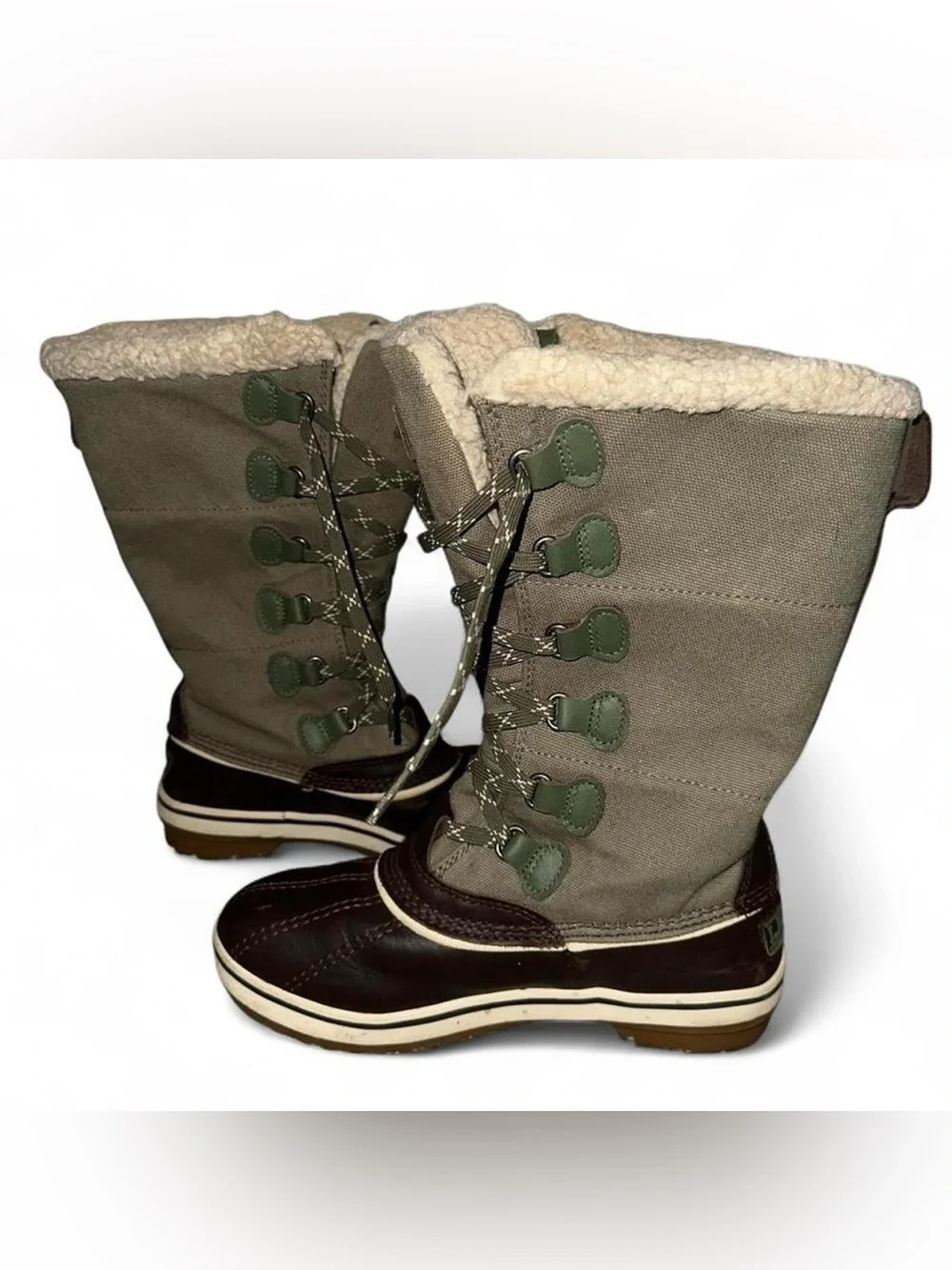L.L. Bean Tall Lace-Up Winter Boot in Olive Canvas and Brown Leather